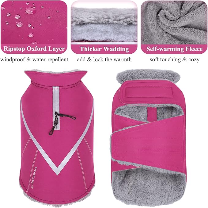 VIVAGLORY Snowrap Dog Coat, Jacket with Harness Hole & Velcro Closure, Dog Coat for Winter & Cold Weather, Fluffy Warm Fleece Lined Reflective Water Resistant for Puppy, XL, Fuchsia