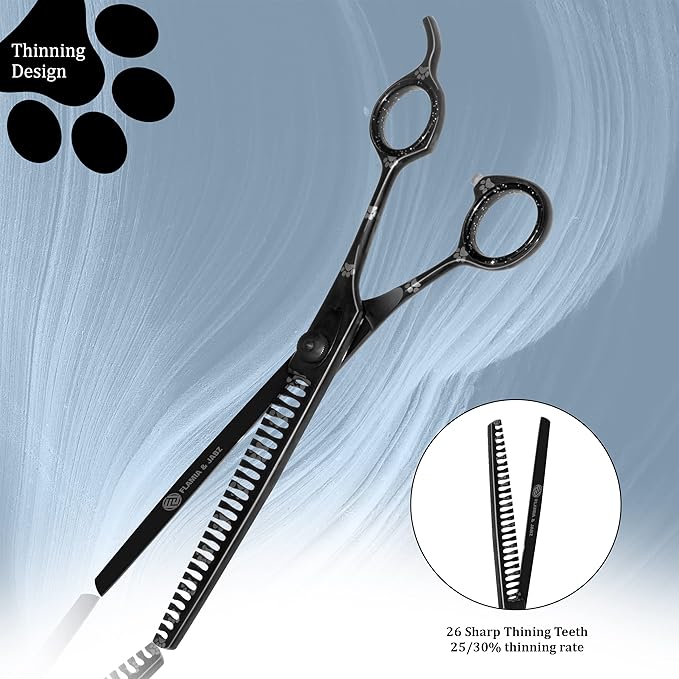 Professional Dog Grooming Chunker Shears/Scissors with Paw Prints for Dogs, Cats & Pets (Right Handed, Black, Stainless Steel 8 Inch)