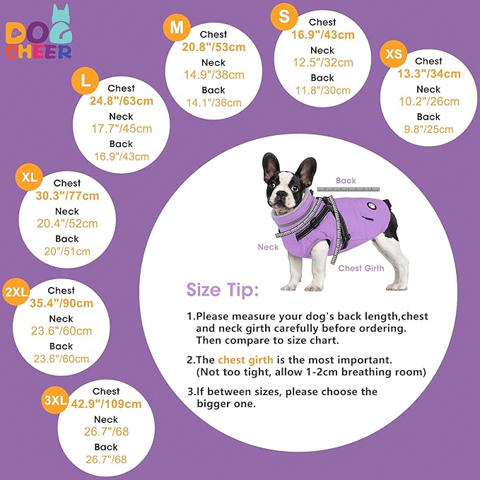 Dogcheer Dog Coat with Harness, Waterproof Dog Jacket, Reflective Puppy Winter Jacket with Pocket, Doggy Turtleneck Fleece Vest for Small Medium Large Dogs - Taro Purple, S