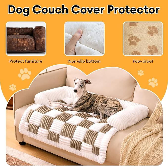 FUNNY FUZZY Pet Couch Covers for Sofa, Large Dog Couch Bed Cover Cream Square Plaid Washable Pet Mat for Furniture Protector Sofa Cover for Dogs, Large, Light Brown