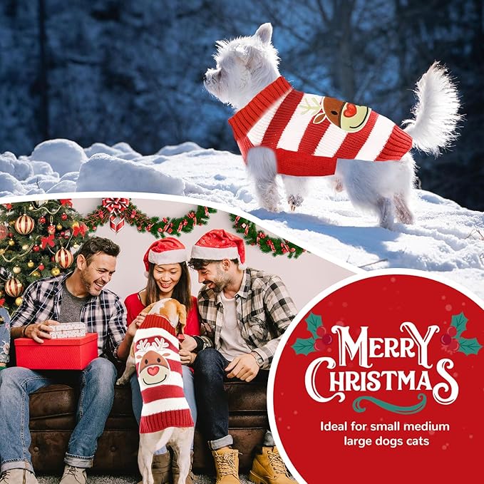PETCARE Reindeer Christmas Dog Sweater Red Striped Cat Sweater Cartoon Elk Pet Vest Holiday Dog Clothes Puppy Sweaters for Small Medium Large Dogs Cats Fall Winter Outfits Xmas Dogs Costume,XX-Small