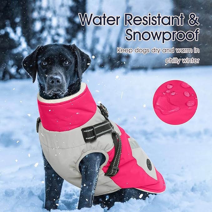 IECOii Large Dog Coat with Harness Built in - Rosered, Large - Waterproof Windproof Dog Winter Coat, Fleece Lined Zip Snow Jacket for Dogs Thermal Outdoor Snowsuit Cold Weather Jackets Bulldog