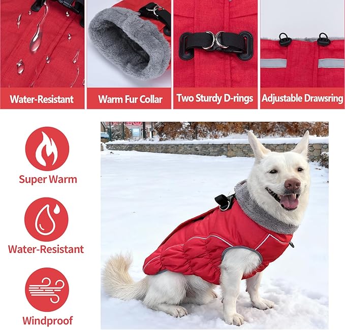 Malier Dog Coat, Reflective Dog Jacket Waterproof Windproof Puppy Cold Weather Coats with Harness Built in, Winter Extra Warm Pet Coat Fleece Vest for Small Large Pets and Puppy (Red, X-Large)
