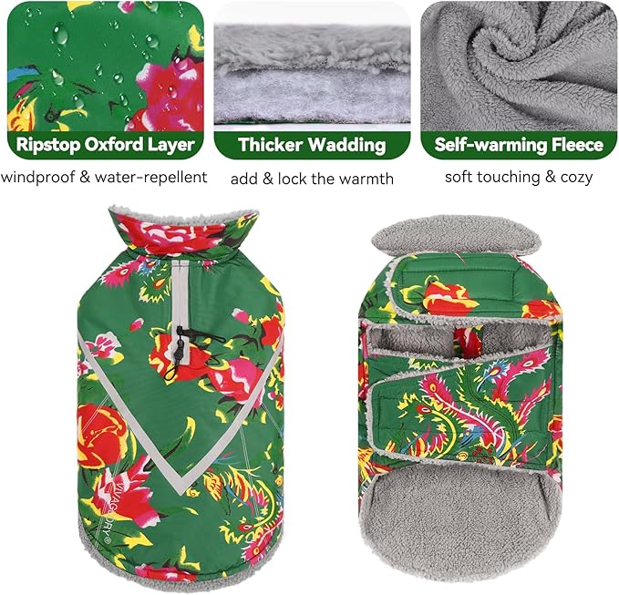 VIVAGLORY Snowrap Dog Coat, Jacket with Harness Hole & Velcro Closure, Dog Coat for Winter & Cold Weather, Fluffy Warm Fleece Lined Reflective Water Resistant for Puppy, M, Northeast Florals-Green