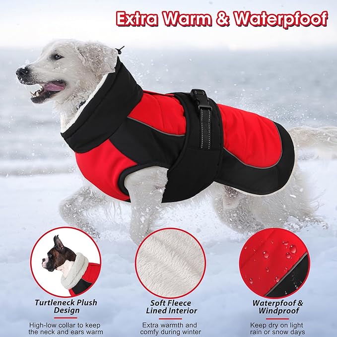 Dogcheer Dog Coat, Christmas Dog Jacket, Waterproof Turtleneck Puppy Winter Coat, Adjustable Pet Puffer Jacket, Reflective Warm Fleece Coats for Small Medium Large Dogs - Red, 2XL