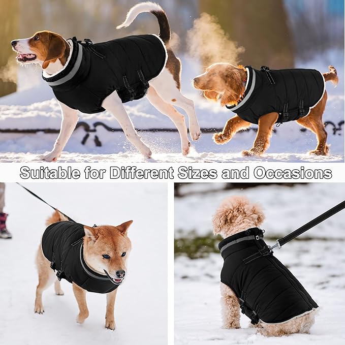 Dogcheer Dog Coat, Waterproof Dog Jacket with Harness, Reflective Adjustable Winter Coat with Zipper, Christmas Pet Snow Jacket Clothes for Small Medium Large Dogs - Black S