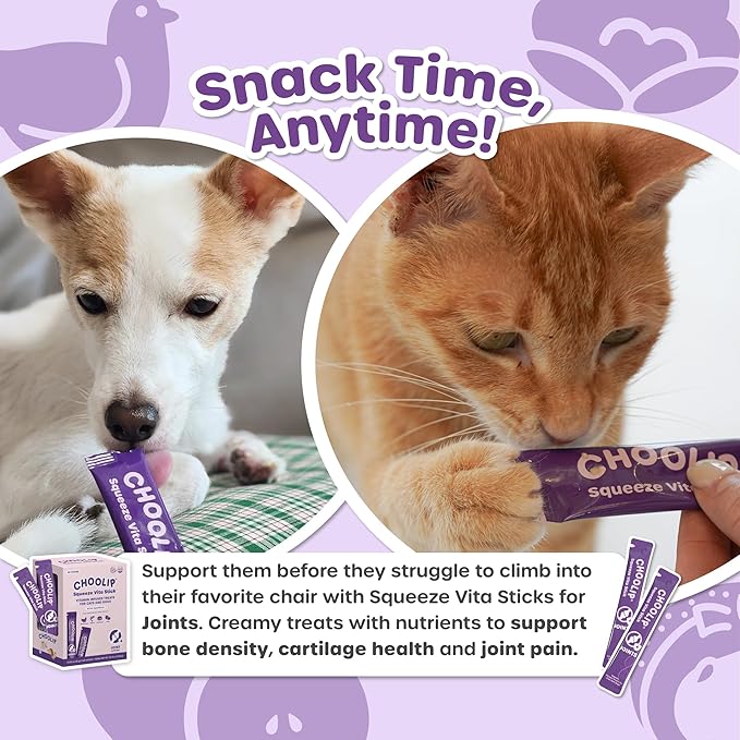 Choolip Squeeze Vita Stick Lickable Cat Treats & Dog Puree – 49-Count Joint Support Tubes, Creamy Grain-Free High-Protein Puree with MSM, Glucosamine & Green Lipped Mussel for Joint & Mobility Health