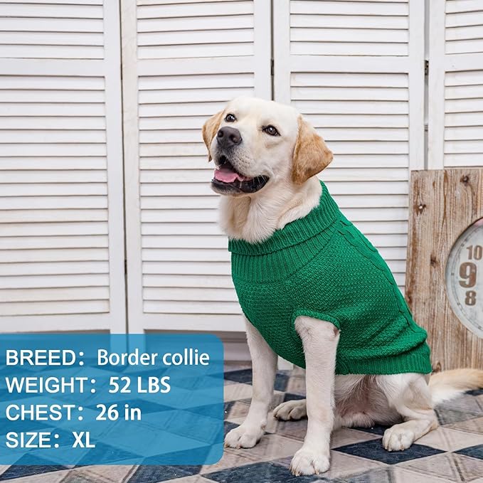 Mihachi Turtleneck Dog Sweater - Winter Coat Apparel Classic Cable Knit Clothes with Leash Hole for Cold Weather, Ideal Gift for Pet in New Year Green Medium