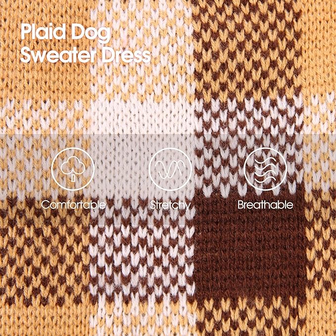 Dog Sweater Dress Plaid Knitwear for Small Medium Dogs Warm Puppy Pet Turtleneck Stretch Pullover Cute Fall Winter Vest Clothes with Leash Hole for Christmas (Coffee, M)