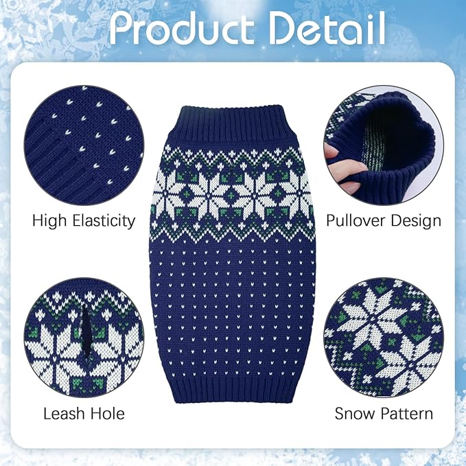 Kuoser Dog Sweater, Holiday Christmas Snowflake Pet Warm Knitwear Dog Sweaters Soft Puppy Clothing, Doggie Turtleneck Cold Weather Outfit Pullover for Small Medium Large Dogs Cats, Blue 2XL