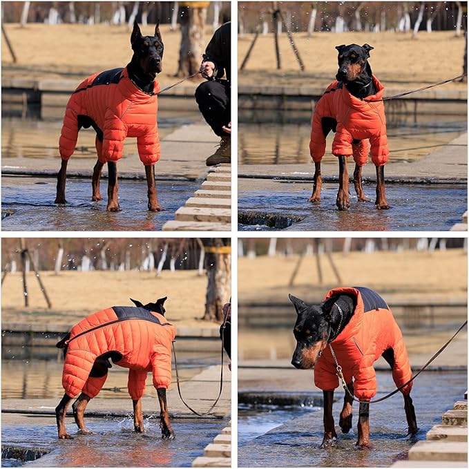 Dog Coat Dog Warm Jacket, 4 Legs Covered Waterproof Windproof Reflective Warm Dog Vest, Zippered Adjustable Outdoor Dog Snow Jacket for Small Medium Large Dogs Orange L