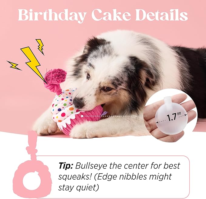 LE SURE Dog Birthday Cake Toy - Cute Squeaky Dog Birthday Toy for Gentle Chewers with Interactive Tug Rope, Plush Interactive Toy for Adult Dogs Birthdays Party, Standard, Milk Chocolate