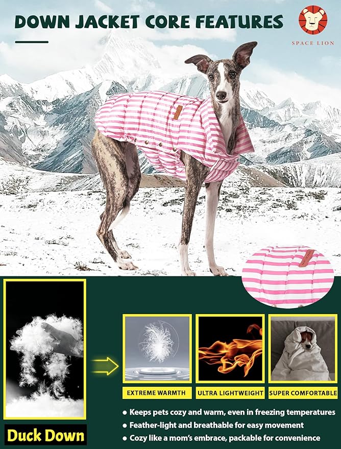 SPACE LION Dog Puffer Jacket, Down Winter Coat, Durable Outdoor Coat for Cold and Windy Conditions, Waterproof, Lightweight Jacket, Adjustable Fit for Small, Medium, Large Dogs(Pink,12/M)