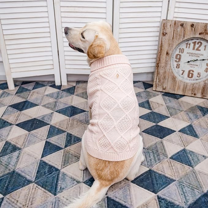 Mihachi Turtleneck Dog Sweater - Winter Coat Apparel Classic Cable Knit Clothes with Leash Hole for Cold Weather, Ideal Gift for Pet in New Year Rosy Large