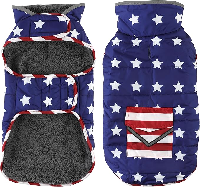 Dog Coat, Waterproof Dog Winter Jacket with Pocket, Reflective Adjustable Pet Snow Vest, Warm Cozy Fleece Sweater for Small Medium Extra Large Dogs - American Flag, L