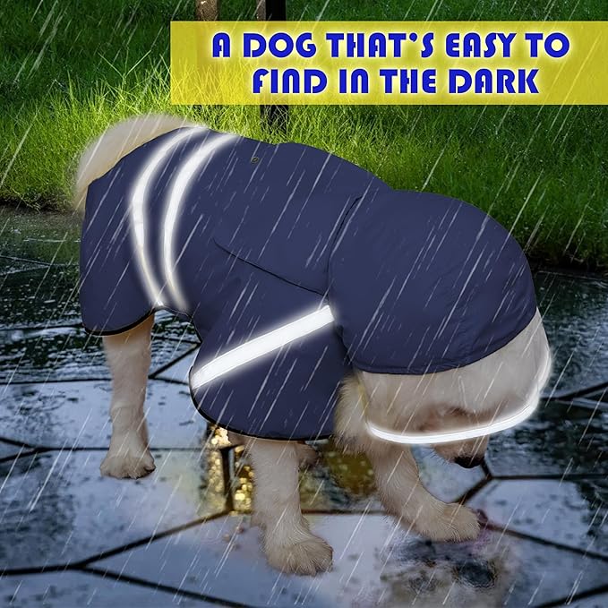 Dog Raincoat, Adjustable Rain Jacket with Hooded Double Layer for Large Medium Small Dogs Puppies, Lightweight Waterproof Rain Coat Poncho with Reflective Stripe Navy,XL