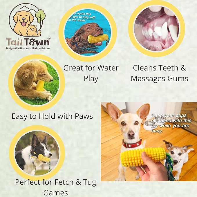 Squeaky Corn Dog Toy – Interactive Rubber TPR Chew Toy – Teeth Cleaning, Fetch & Tug – Water Float, Indoor & Outdoor Play – for Small, Medium & Large Dogs, Puppies & Seniors – Tail Town