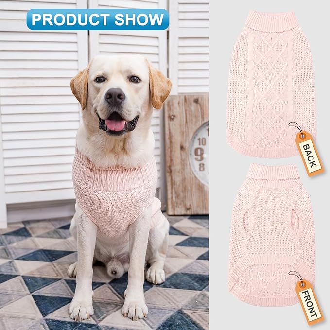 Mihachi Turtleneck Dog Sweater - Winter Coat Apparel Classic Cable Knit Clothes with Leash Hole for Cold Weather, Ideal Gift for Pet in New Year Rosy Medium/Large