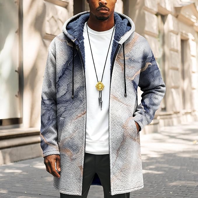 Mens Long Cardigan Hoodies Full Zip Fleece Lined Jackets Fashion Knitted Color Block Hooded Coat with Pockets