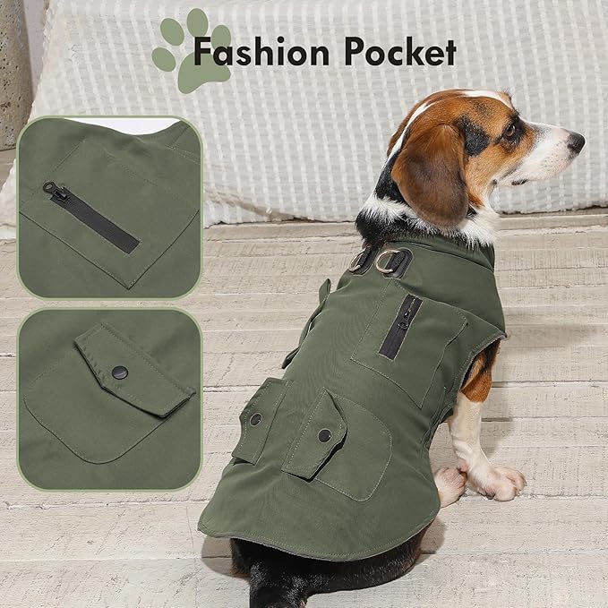 Workwear Style Dog Coats with Harness Built in for Small Dogs Windproof Warm Puppy Jacket with Storage Pockets for Cold Winter,Green XL