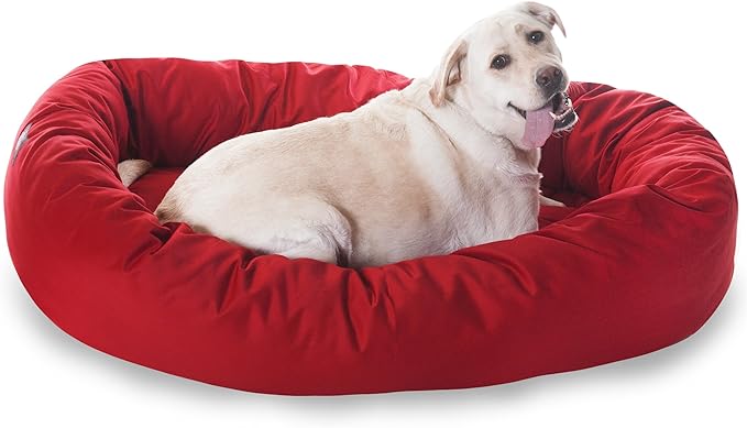Majestic Pet 52 Inch Bagel Calming Dog Bed Washable – Cozy Soft Round Pet Bed with Spine Support for Dogs to Rest their Head - Fluffy Donut Puppy Bed 52x35x11 (Inch) - Large – Red