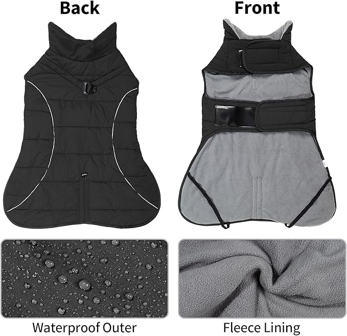 HEYWEAN Dog Winter Coat - Waterproof Windproof Reflective Vest for Medium & Large Breeds Adjustable Warm FleeceLined Jacket with Magic Tape & D-Ring for Leash Cold Weather Apparel (Black, X-Large)