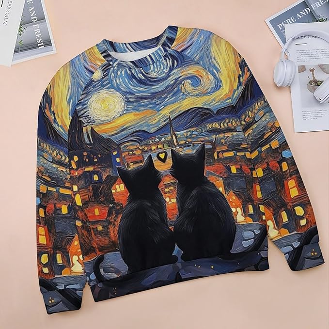 Long Sleeve Shirts for Women Cat Oil Painting Shirt 3D Graphic Sweatshirts Fall Pullover Crewneck Vintage Boho Tops
