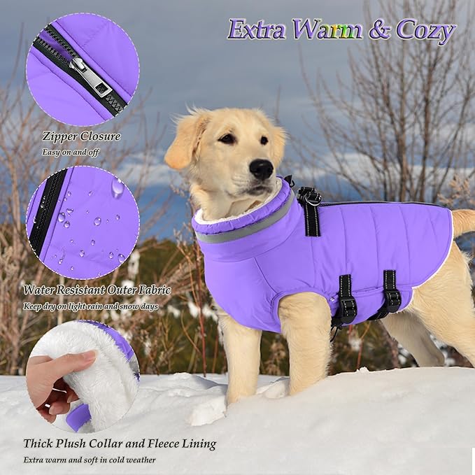 Dogcheer Dog Coat with Harness, Waterproof Dog Jacket Adjustable Winter Coat with Zipper, Christmas Puppy Snow Jacket Fleece Sweater for Small Medium Large Dogs - Taro Purple 2XL