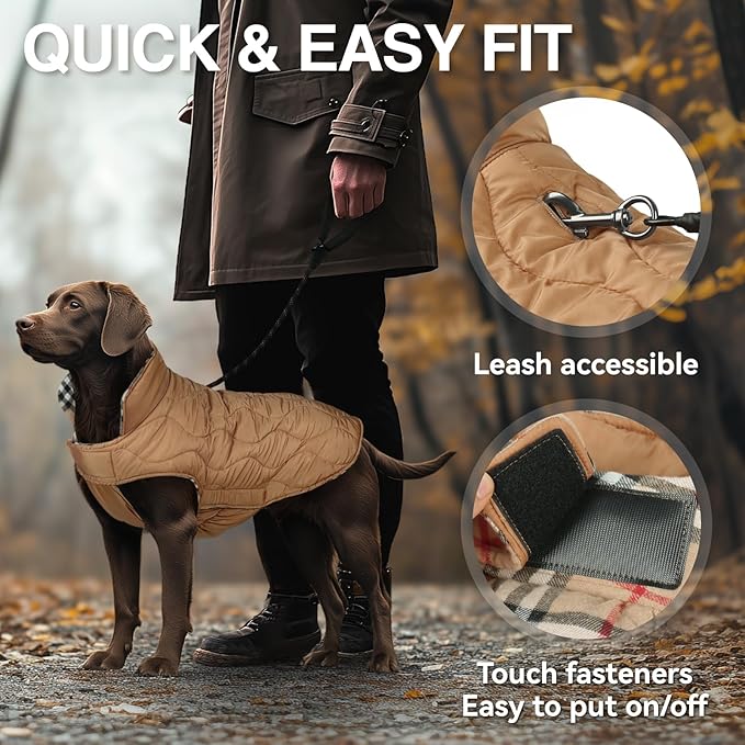 VIVAGLORY Softjoy Dog Coat, Dog Jacket for Winter & Christmas, Coat with Harness Hole & Velcro Closure, Reversible Plaid Checkered Warm Fluffy Heavy Duty for Puppy, M, Khaki