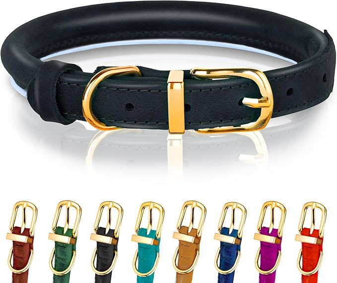 OOPSDOGGY Reflective Rolled Leather Dog Collar Adjustable Soft Padded Pet Collar for Small Medium Large Breed Dogs (Black, XL, 17"-21")