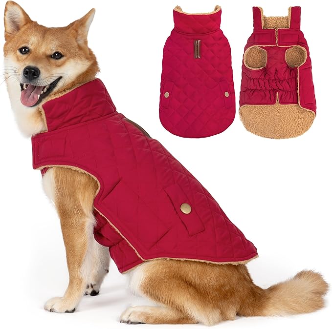 Dog Coat, Warm Soft Dog Winter Coats for Small Dogs, Waterproof Windproof Dogs Adjustable Jacket with Fleece Lined Turtleneck Doggy Snowsuit with Leash Hole, Red Large