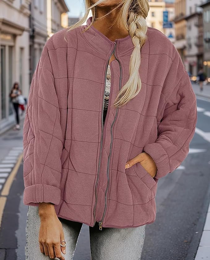 LIZALIG Warm Padded Coat for Women Full Zip Quilted Jackets Winter Oversized Causal Solid Color Stand Collar Pockets Coat
