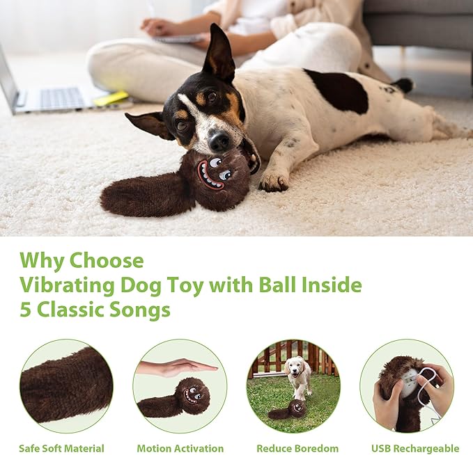 PETGEEK Interactive Squeaky Dog Toy, Automatic Moving Vibrating Dog Balls with Plush Cover, Rechargeable Perro Juguetes with Recording and Music Mode, Crinkle Pet Plush Toy for Boredom, Brown