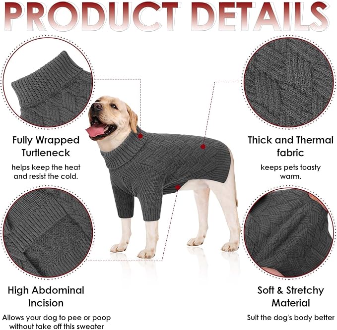 AOFITEE Dog Sweater, Warm Dog Sweaters for Large Dogs, Halloween Dogs Sweater, Turtleneck Girl Pet Sweaters, French Bulldog Sweatshirt, Knit Female Male Pet Knitwear for Winter Fall (Grey Large)