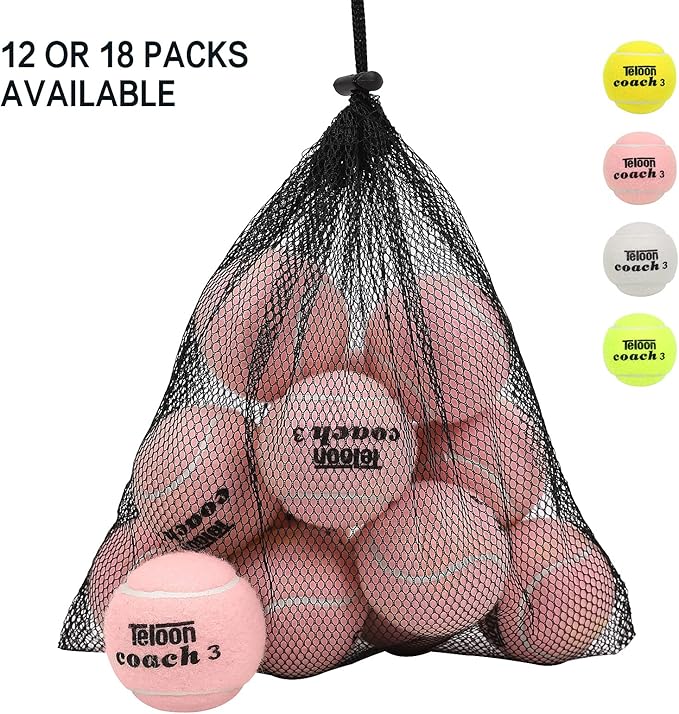 Teloon Pressure Training Tennis Balls-12 or 18 Count-Mesh Carry Bag，4 Colors Available，Pressureless Training Exercise Tennis Balls for Beginners.