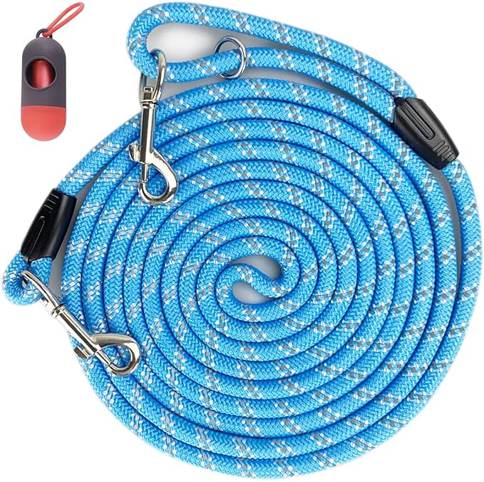 Long Rope Dog Leash for Dog Training 12FT 20FT 30FT 50FT, Reflective Threads Dog Cat Leashes Tie-Out Check Cord Recall Training Agility Lead for Large Medium Small Dogs (Blue, 10mm*30ft)