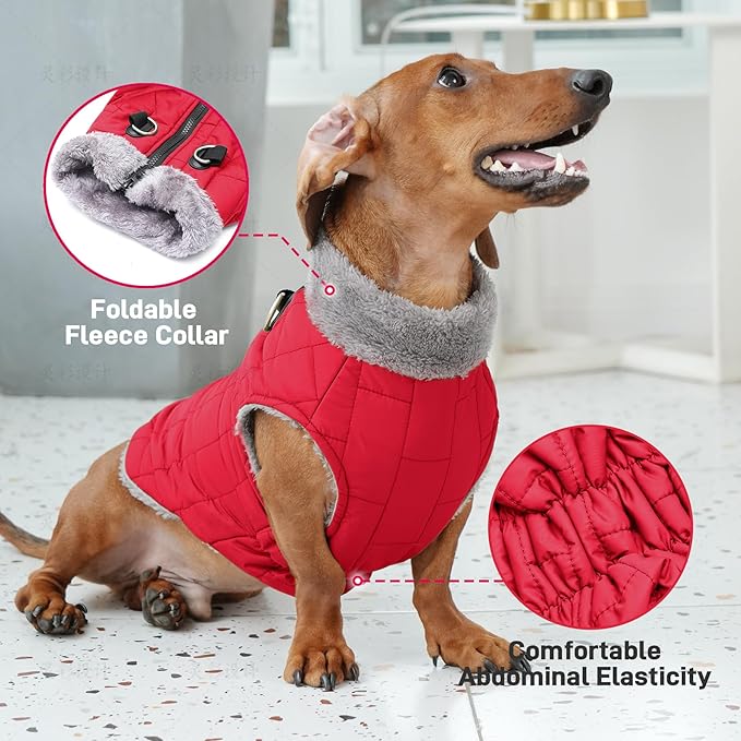 Warm Fleece Dog Coats with Durable Harness Buitl in D-Ring,Waterproof Puppy Jacket for Small Dogs,Dog Vest for Cold Winter,Red XS