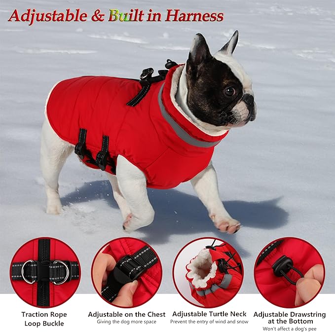 Dogcheer Dog Coat with Harness, Waterproof Dog Jacket Adjustable Pet Winter Coat with Zipper, Christmas Puppy Snow Jacket Fleece Sweater for Small Medium Large Dogs - Red 3XL