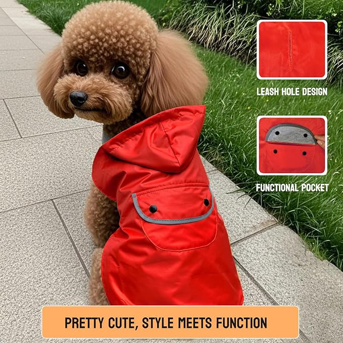 Dog Raincoat Dogs Rain Jacket Reflective Poncho Rainwear Waterproof Pet Clothes Warm Lined Pocket Hooded Leash Hole Adjustable for Puppy Small Dogs,Red,M,Back Length 10.0 Inch