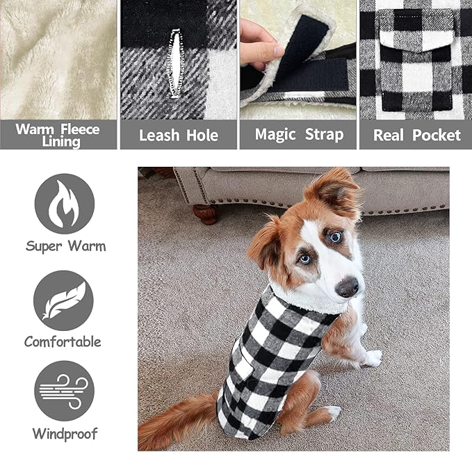 Malier Dog Winter Coat, Classic Plaid Fleece Dog Cold Weather Coats Dog Jacket with Pocket, Windprood Warm Dog Coat Vest Winter Pet Clothes Apparel for Small Medium Large Dogs (White, X-Small)