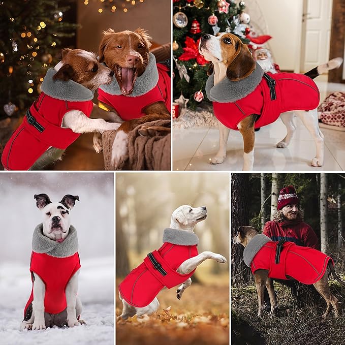 Dogcheer Dog Coat with Pocket, Waterproof Dog Jacket with Adjustable Buckle, Reflective Puppy Winter Coat Warm Turtleneck Fleece SnowJacket for Small Medium Large Dogs - Red 2XL