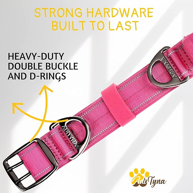 ADITYNA Heavy Duty Dog Collar for Medium Dogs - Reflective Pink Girl Collar with Handle for Training, and Walking - Wide, Thick, Tactical, Soft Neoprene Padded
