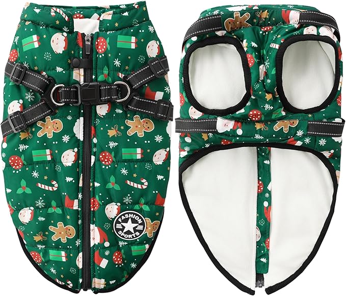 Aiboria Dog Jackets for Winter Windproof Waterproof Vest Fleece Warm Dogs Coat with Belt Christmas Green S