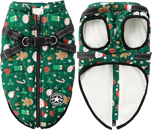 Aiboria Dog Jackets for Winter Windproof Waterproof Vest Fleece Warm Dogs Coat with Belt Christmas Green XL