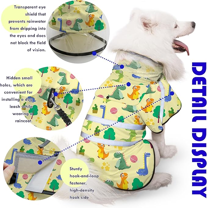 Dog Raincoat, Adjustable Rain Jacket with Hooded Double Layer for Large Medium Small Dogs Puppies, Lightweight Waterproof Rain Coat Poncho with Reflective Stripe Dinosaurs Yellow,L