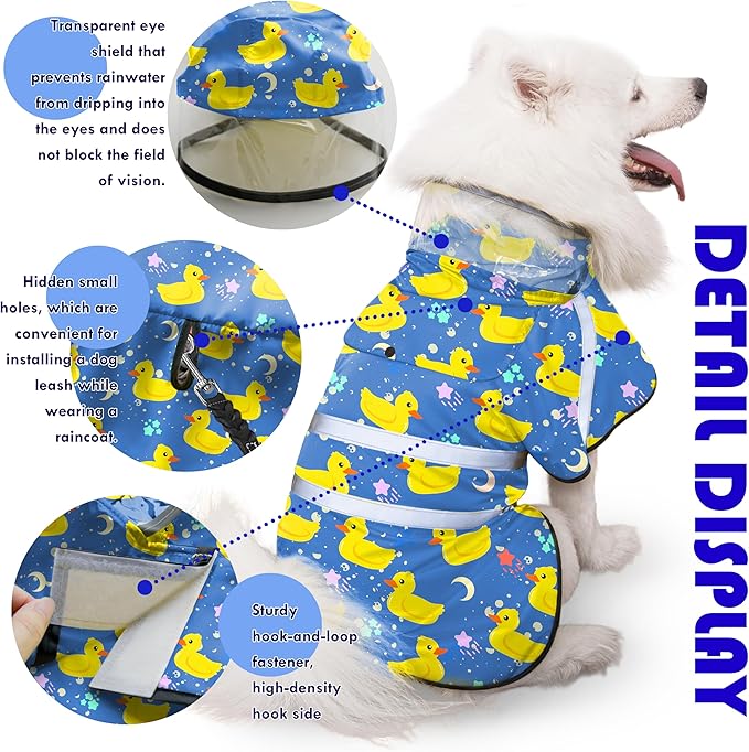 Dog Raincoat, Adjustable Rain Jacket with Hooded Double Layer for Large Medium Small Dogs Puppies, Lightweight Waterproof Rain Coat Poncho with Reflective Stripe Duck Blue,L