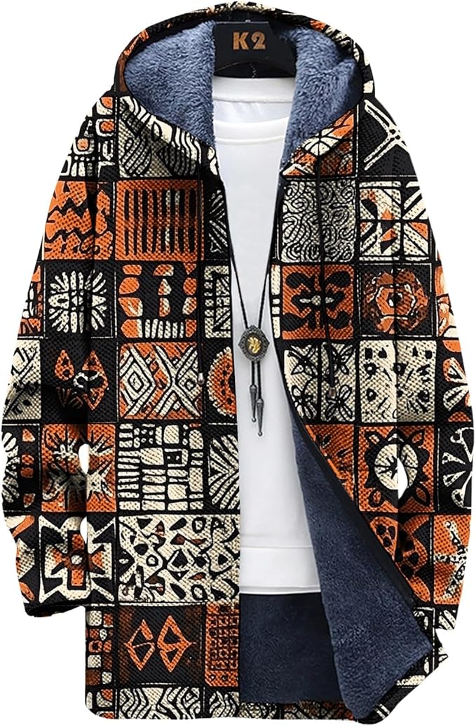 Mens Long Cardigan Hoodies Full Zip Fleece Lined Jackets Fashion Knitted Color Block Hooded Coat with Pockets
