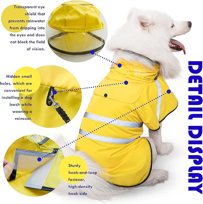 Dog Raincoat, Adjustable Rain Jacket with Hooded Double Layer for Large Medium Small Dogs Puppies, Lightweight Waterproof Rain Coat Poncho with Reflective Stripe Yellow,L