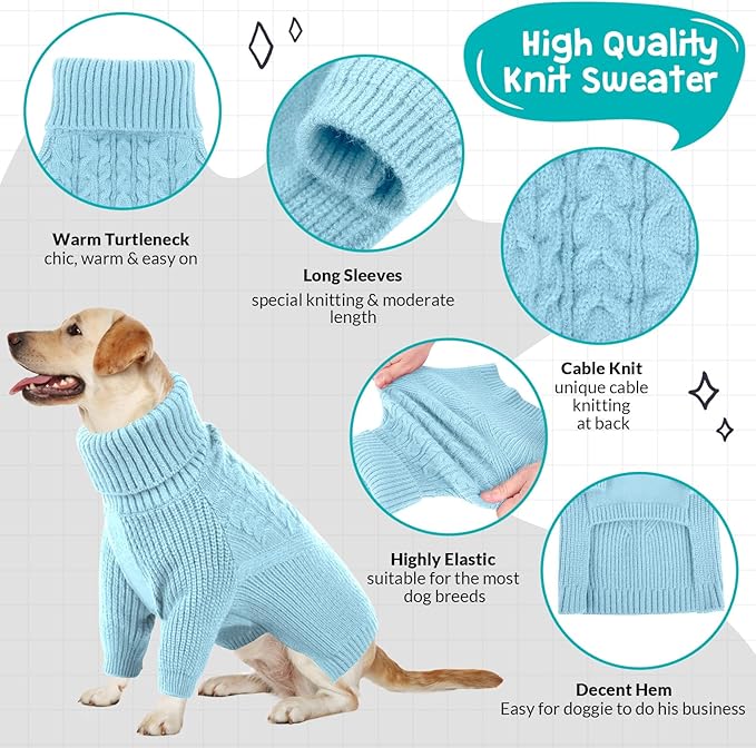Queenmore Dog Sweater, Puppy Sweater for Small Dogs,Warm Winter Fall Dog Sweaters for Dog Girls Boys, Solid Turtleneck Knit Sweater for Large Medium Dogs,Long Sleeves Christmas Dog Sweater Blue,S