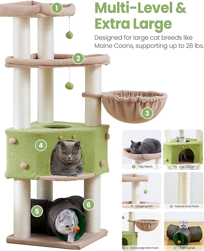 Cat Tree Tower for Indoor Cats Large Adult - Heavy Duty Extra Wide Scratching Post (φ4.4in) Maine Coon Condo House with Hammock Tunnel - 60 Inch XL Feline Bed Trees - Big Multi Level Cat Houses Stand